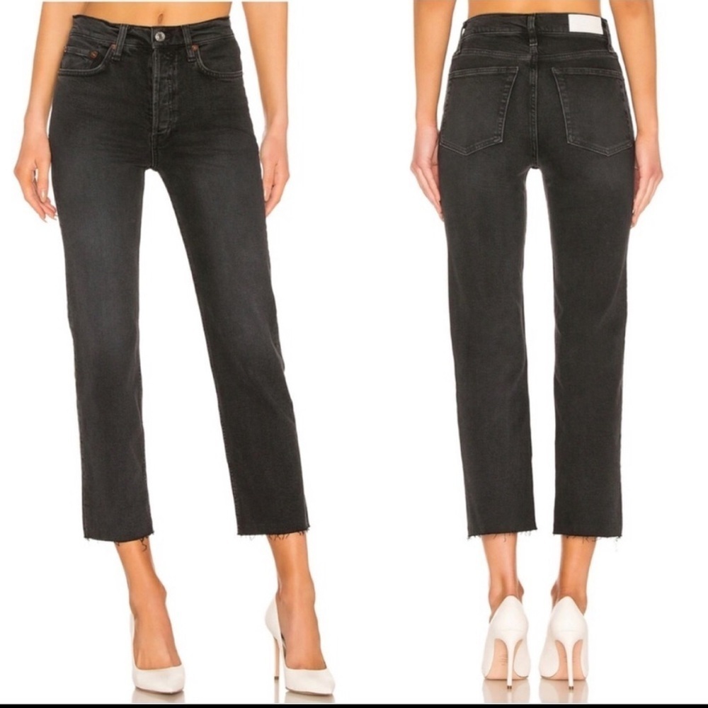 Re/Done “High Rise Stove Pipe” Black Cropped Jeans With Raw Hem Size 27 EUC